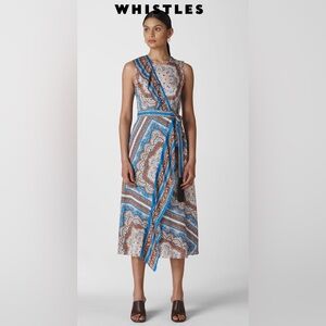 Whistles Paisley Print Asymmetric Belted Midi Dress Blue Brown Size US 4
